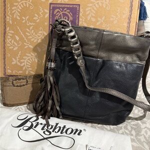 Brighton Black and Gray Jig Leather Crossbody Bag